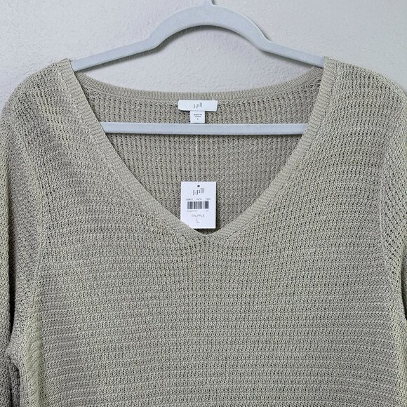 J Jill Open Knit Sweater Size L Truffle Tan V Neck Linen Blend Lagenlook NWT - Picture 2 of 13